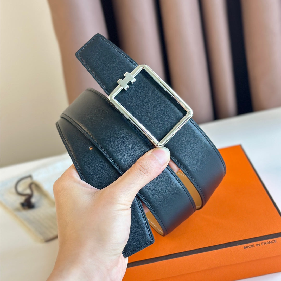 Tube H Belt Buckle & Reversible Pastel Orange And Black Leather Strap 38Mm Silver Hardware