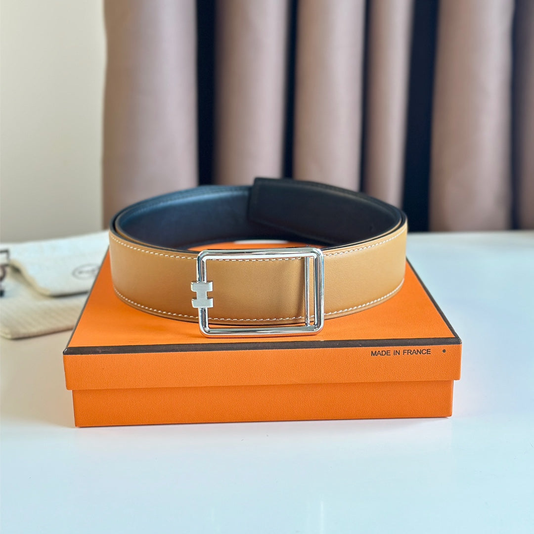 Tube H Belt Buckle & Reversible Pastel Orange And Black Leather Strap 38Mm Silver Hardware