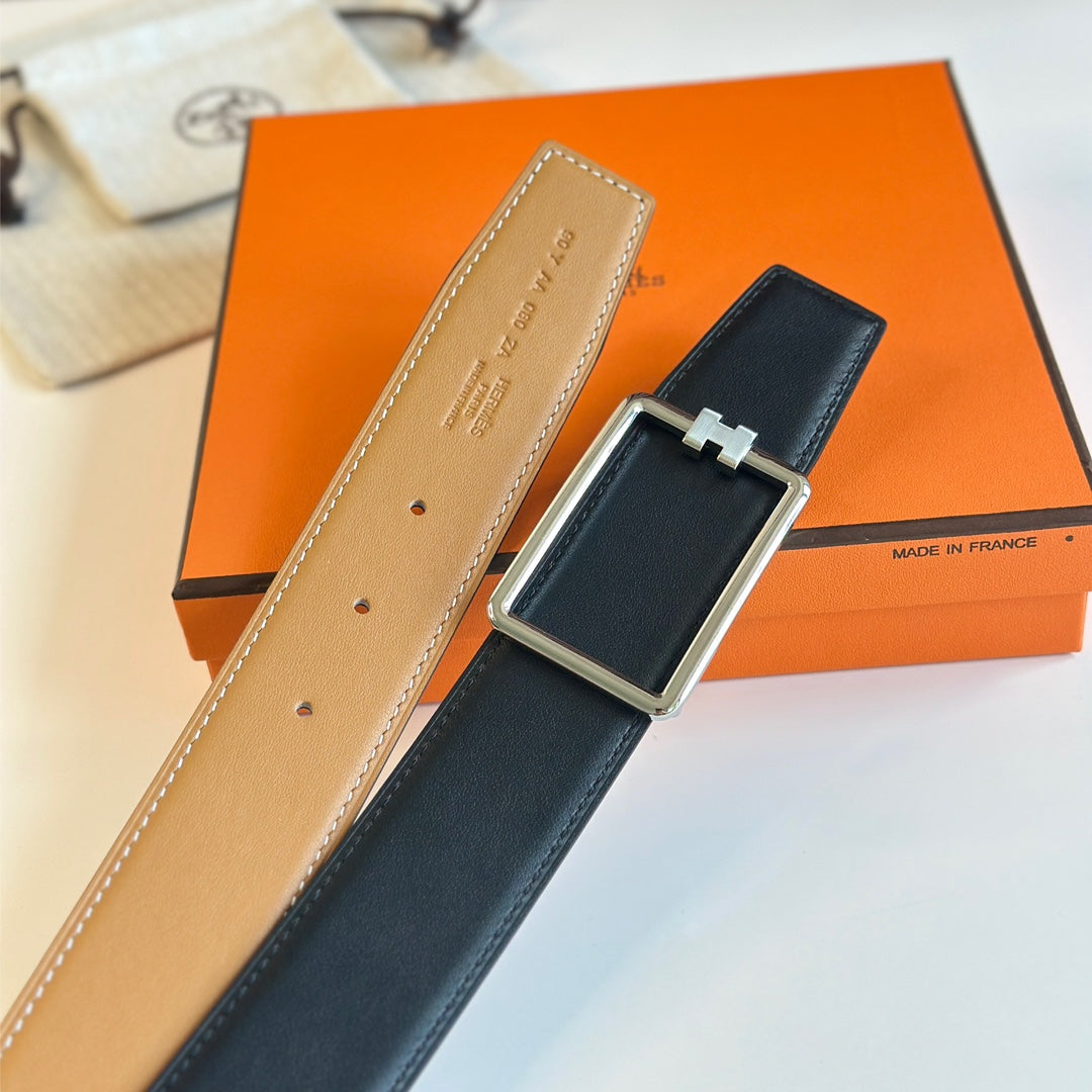 Tube H Belt Buckle & Reversible Pastel Orange And Black Leather Strap 38Mm Silver Hardware