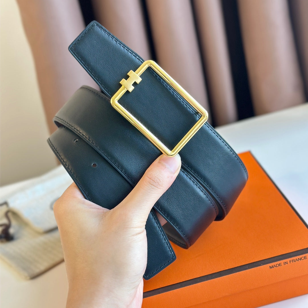 Tube H Belt Buckle & Reversible Black Leather Strap 38Mm Gold Hardware