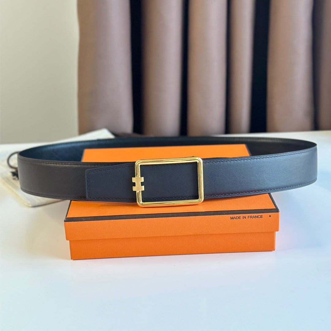 Tube H Belt Buckle & Reversible Black Leather Strap 38Mm Gold Hardware