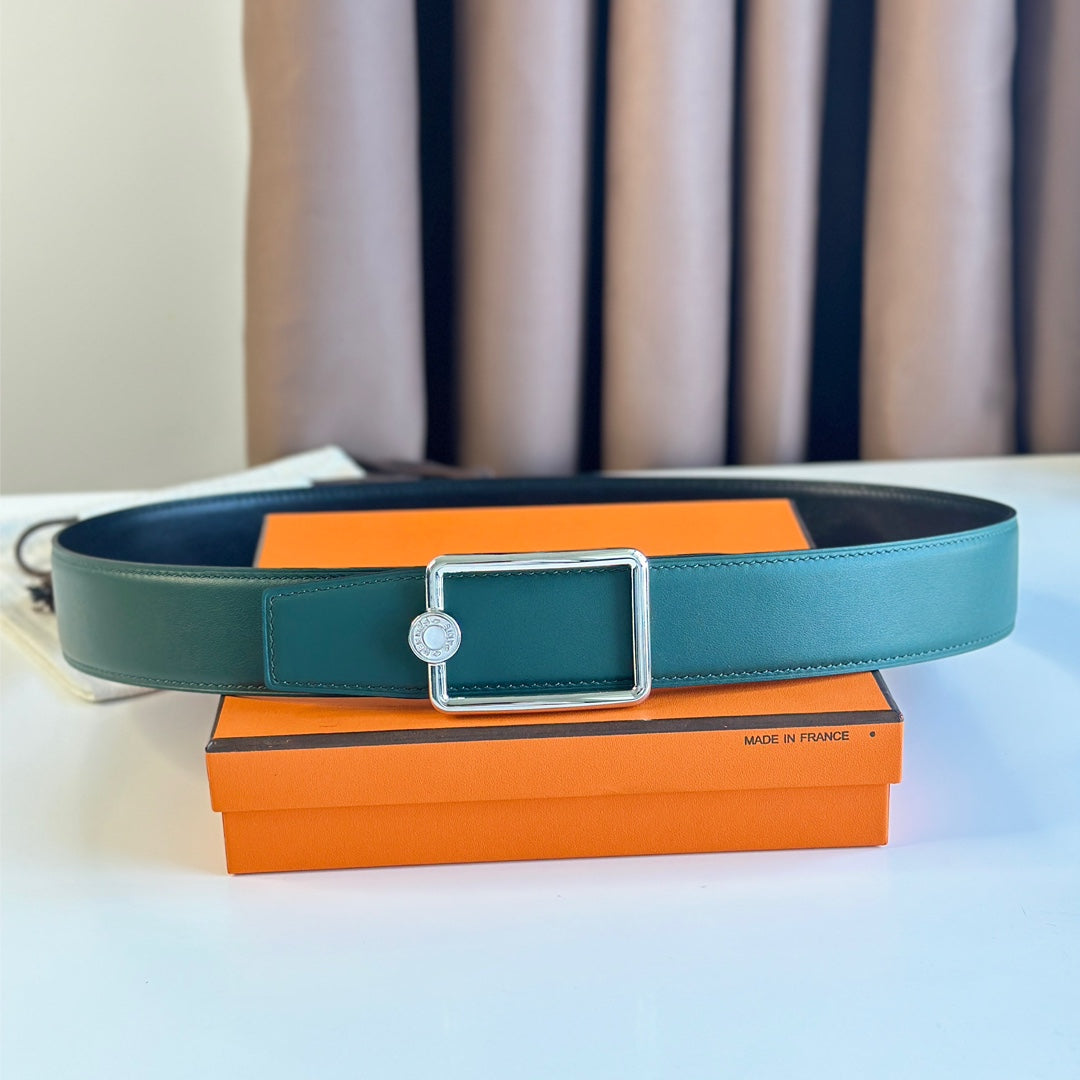 Tube H Belt Buckle & Reversible Teal Green And Black Leather Strap 38Mm Silver Hardware