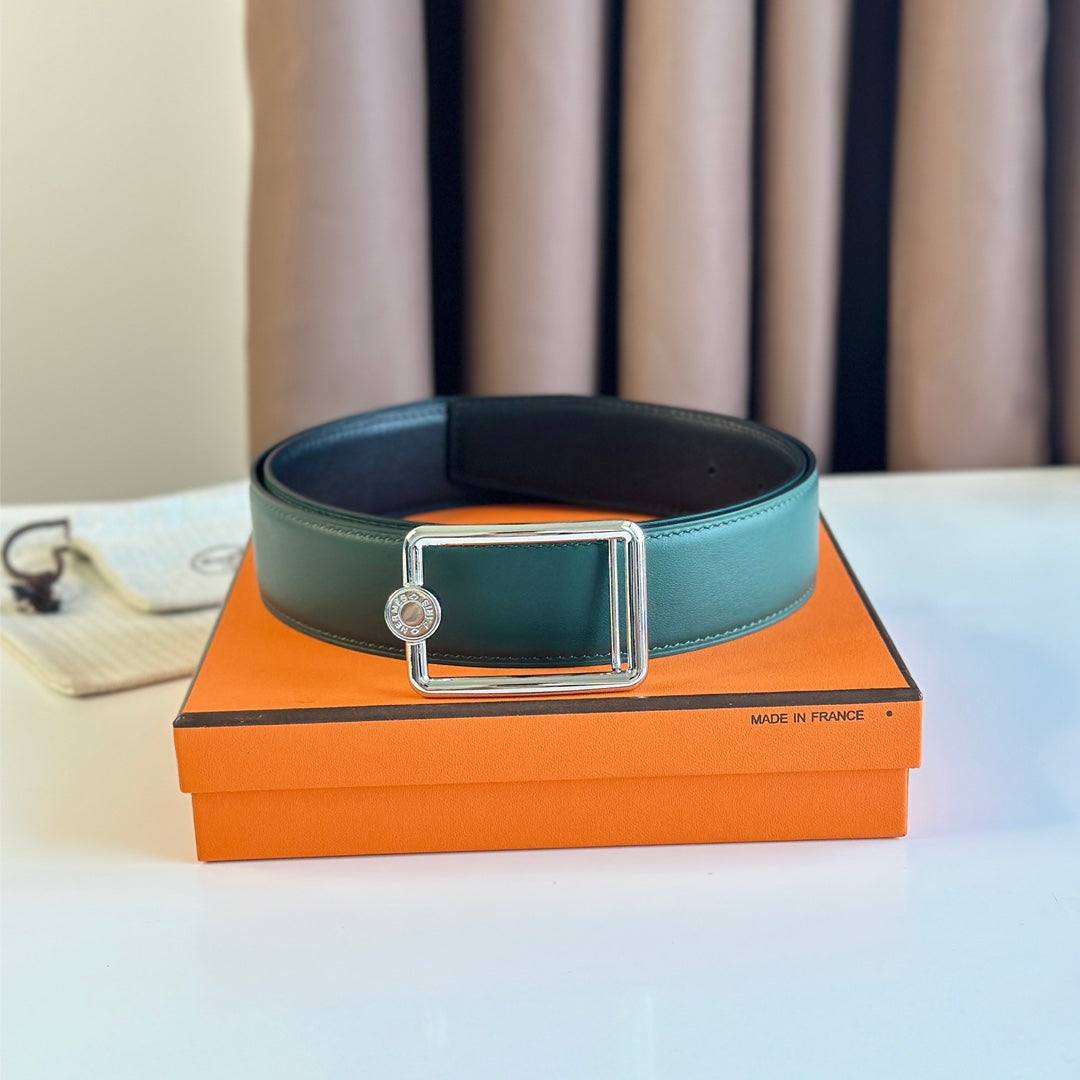 Tube H Belt Buckle & Reversible Teal Green And Black Leather Strap 38Mm Silver Hardware