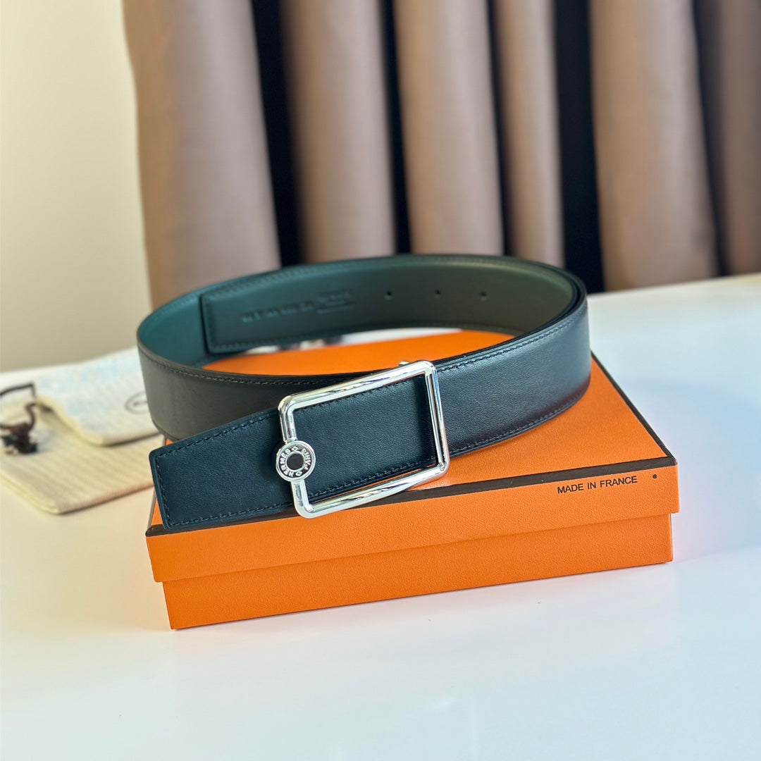 Tube H Belt Buckle & Reversible Teal Green And Black Leather Strap 38Mm Silver Hardware