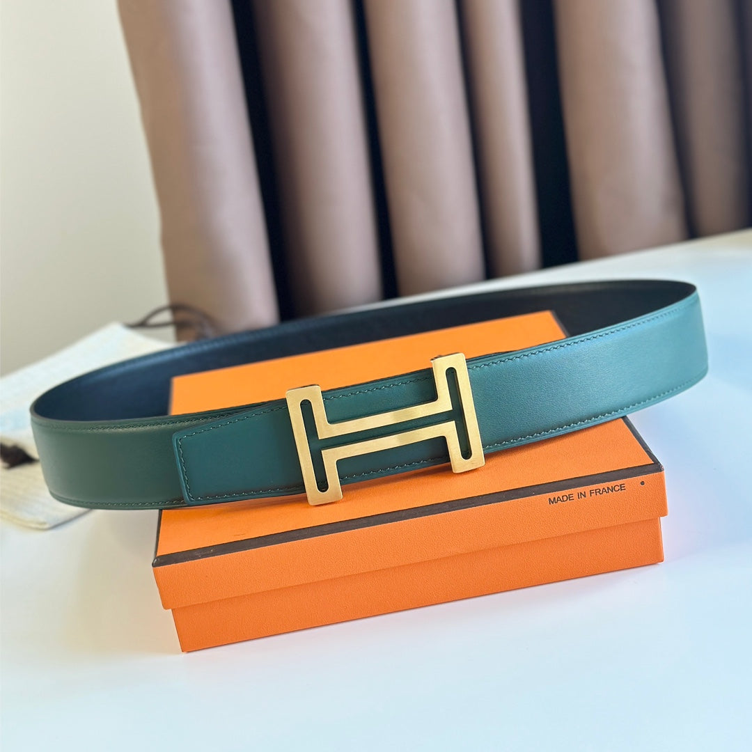 Hm  Belt Buckle & Reversible Teal Green And Black Leather Strap 38Mm Gold Hardware