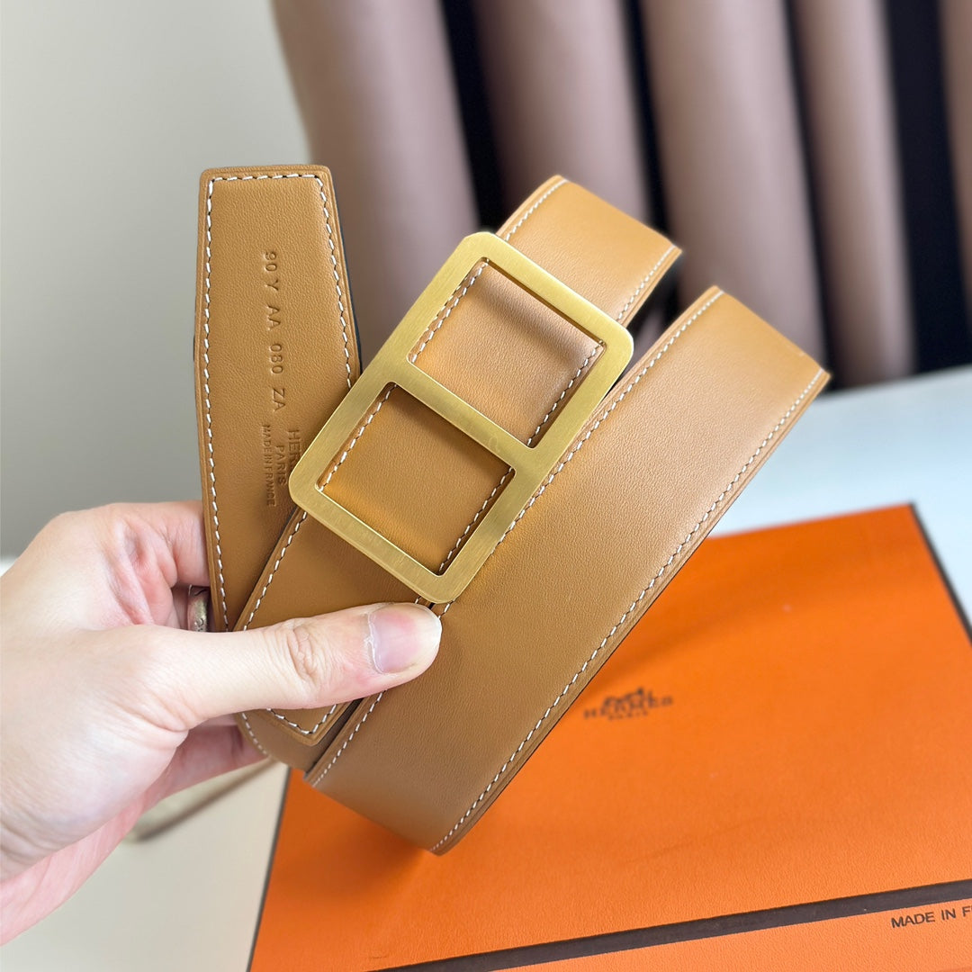 Hm  Belt Buckle & Reversible Orange Pastel And Black Leather Strap 38Mm Gold Hardware