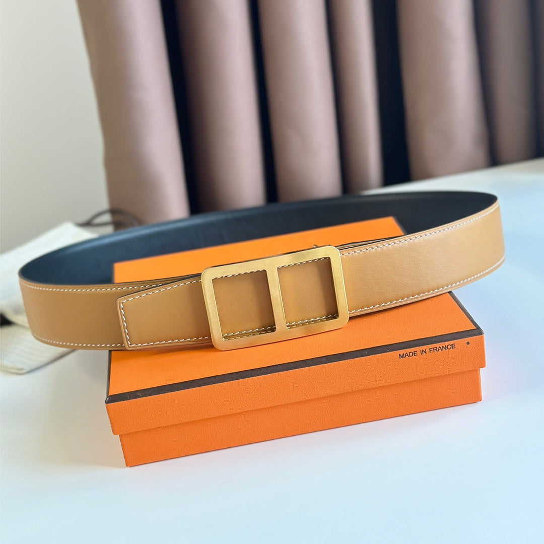 Hm  Belt Buckle & Reversible Orange Pastel And Black Leather Strap 38Mm Gold Hardware
