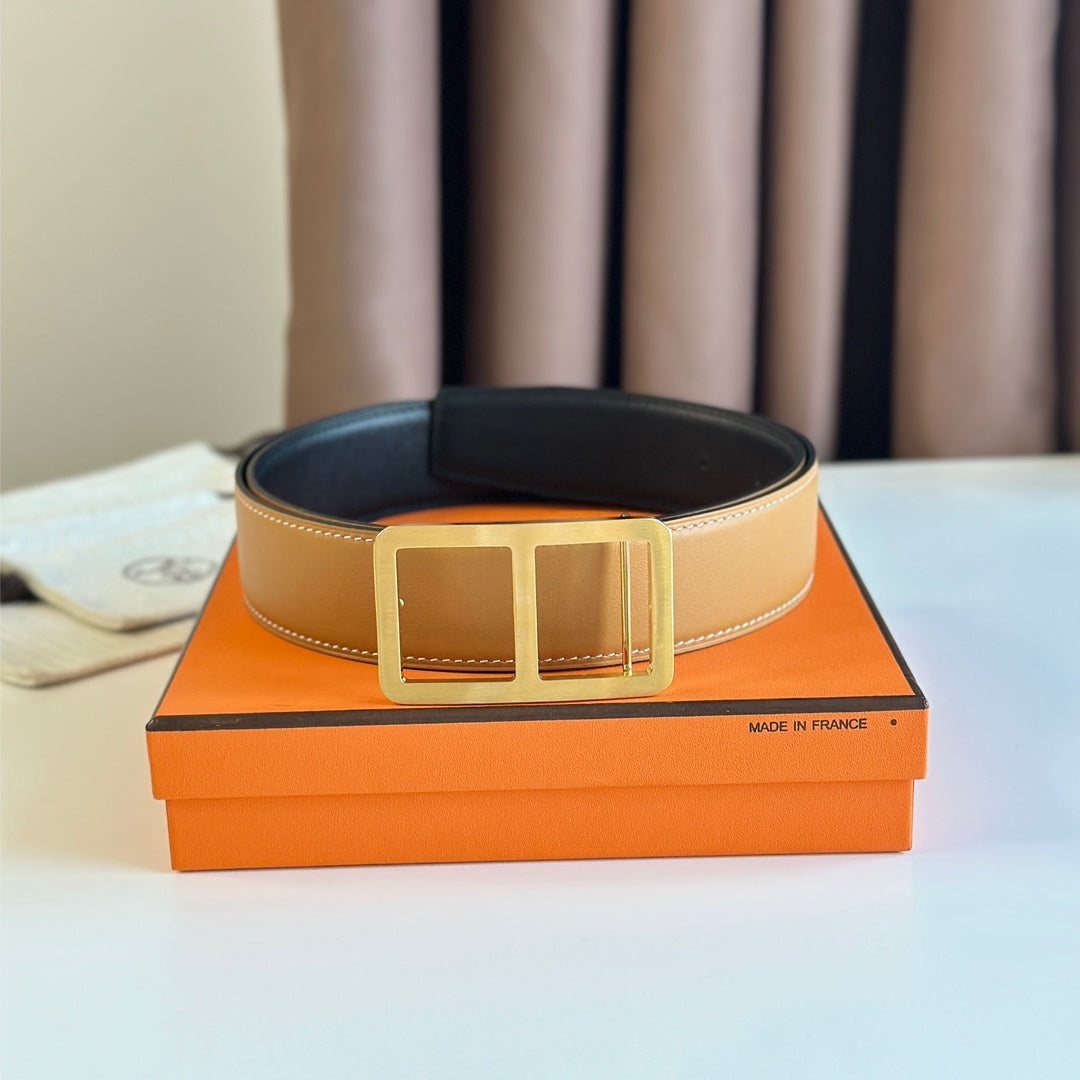 Hm  Belt Buckle & Reversible Orange Pastel And Black Leather Strap 38Mm Gold Hardware