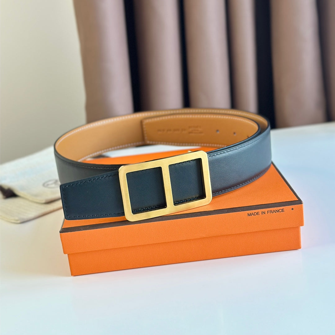 Hm  Belt Buckle & Reversible Orange Pastel And Black Leather Strap 38Mm Gold Hardware