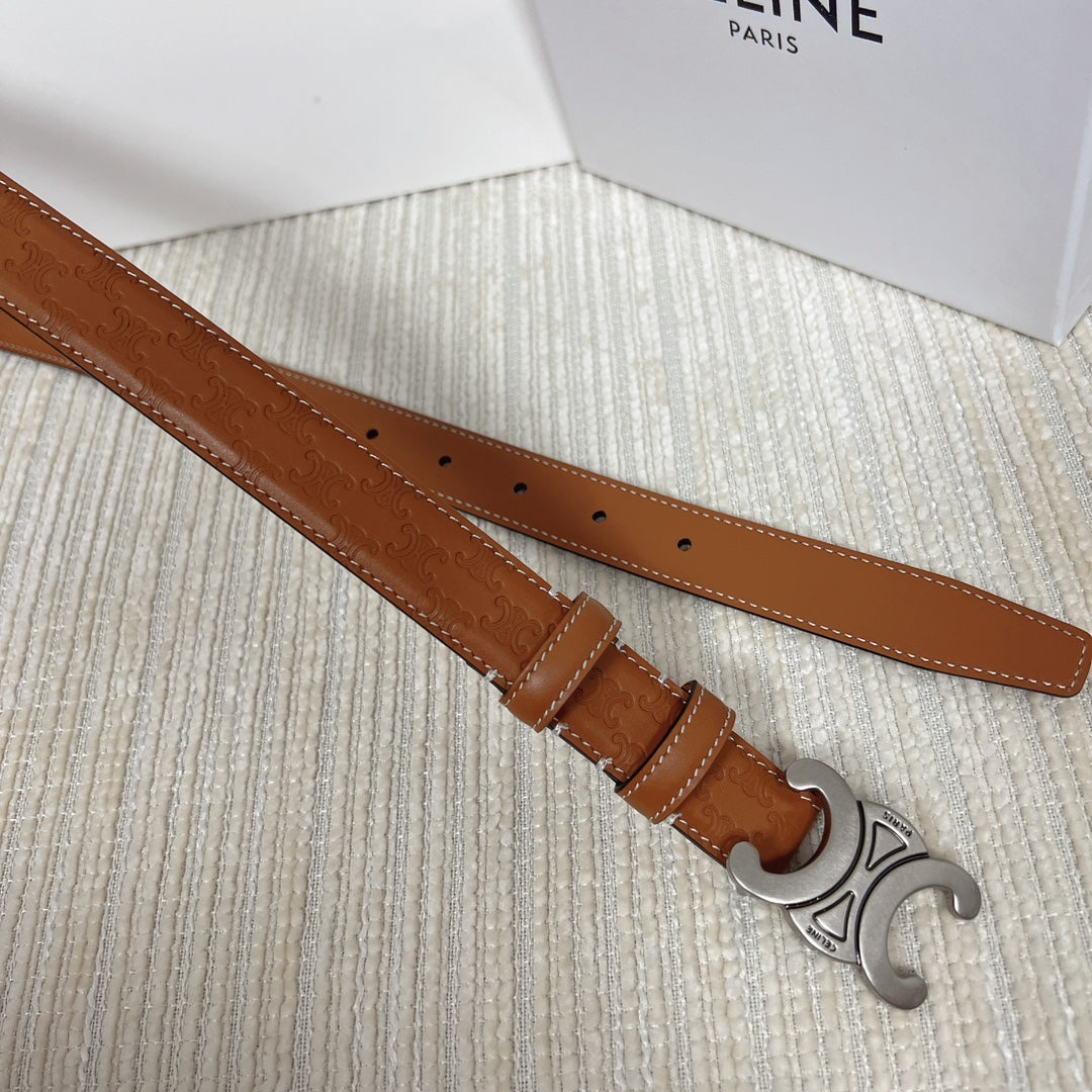 Medium Triomphe Belt 25Mm Tan Calfskin White Line Finishing Silver Finishing