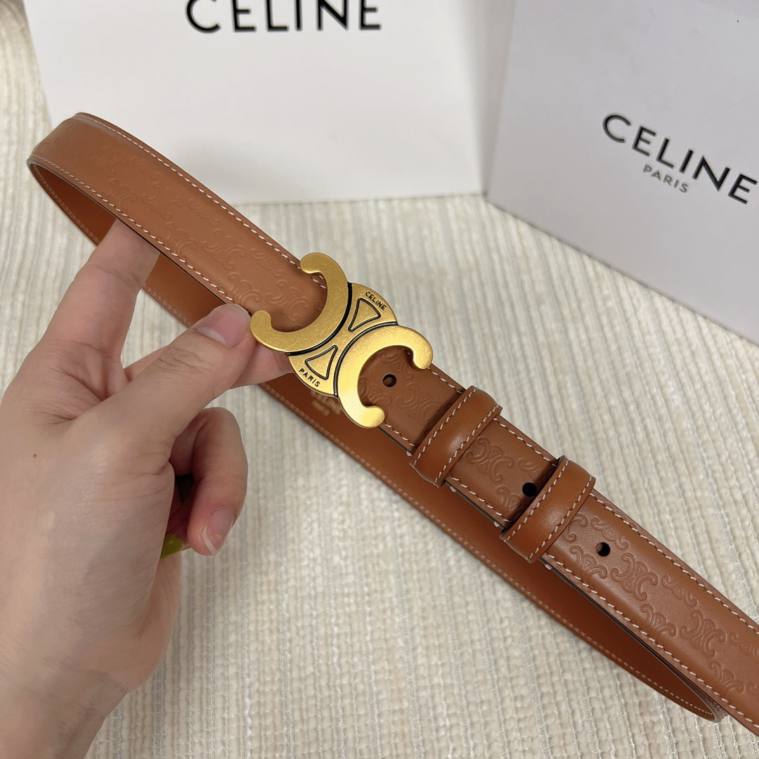 Medium Triomphe Belt 25Mm Tan Calfskin White Line Finishing Gold Finishing