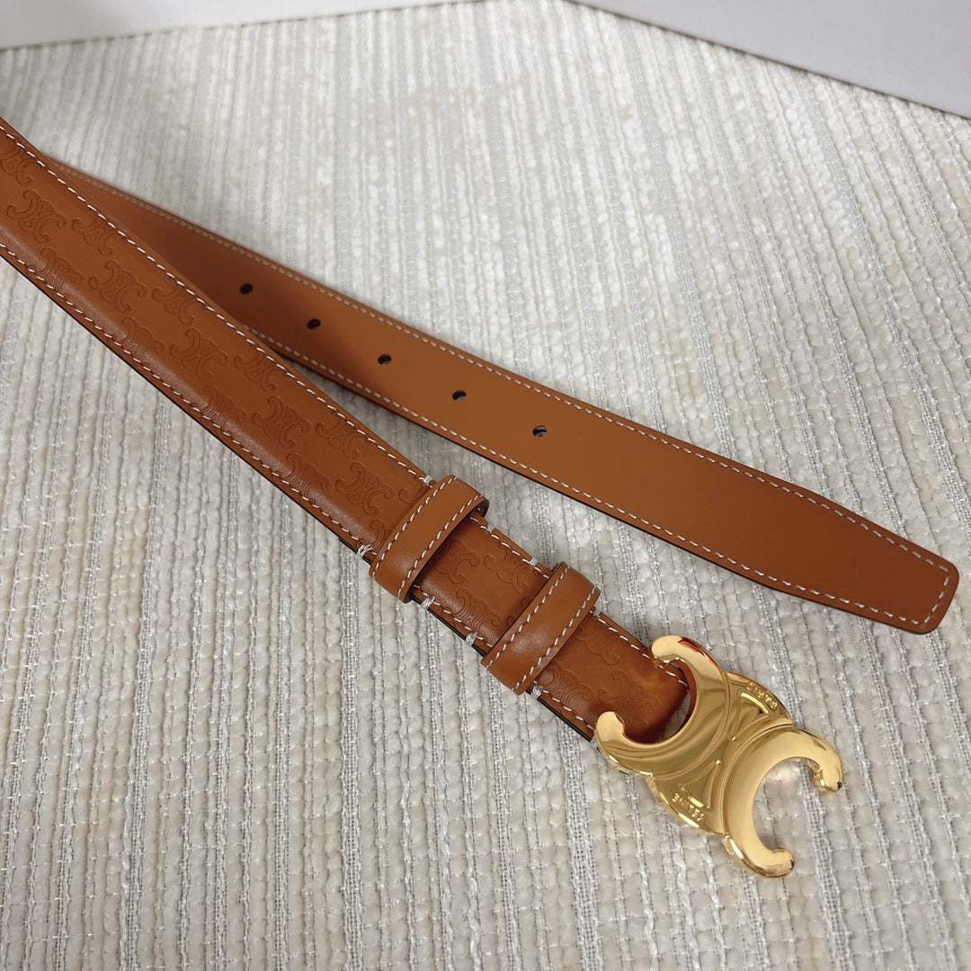Medium Triomphe Belt 25Mm Tan Calfskin With Triomphe Embossed Ghw