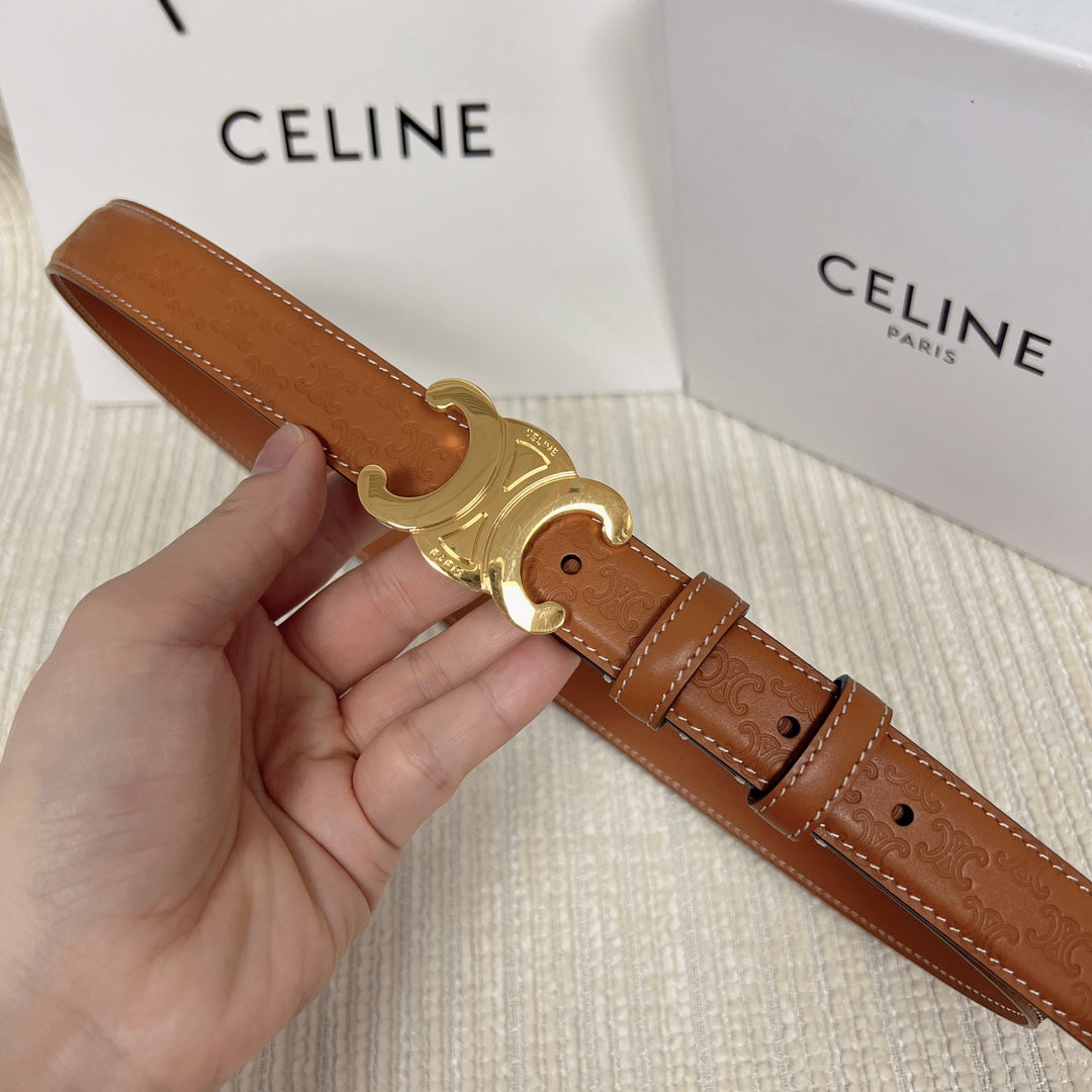 Medium Triomphe Belt 25Mm Tan Calfskin With Triomphe Embossed Ghw