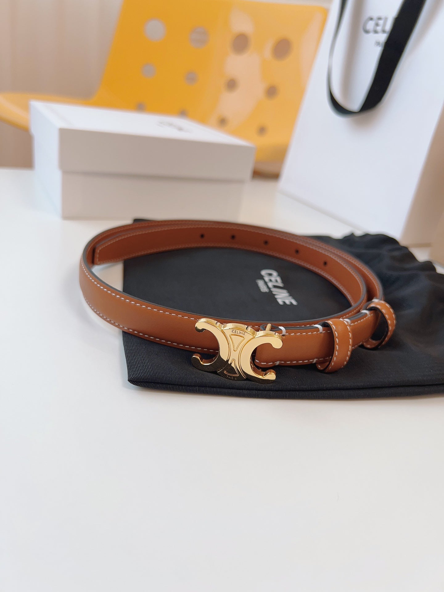 Celine 25S Triomphe Belt 18Mm In Dark Caramel Calfskin Gold Hardware 580706