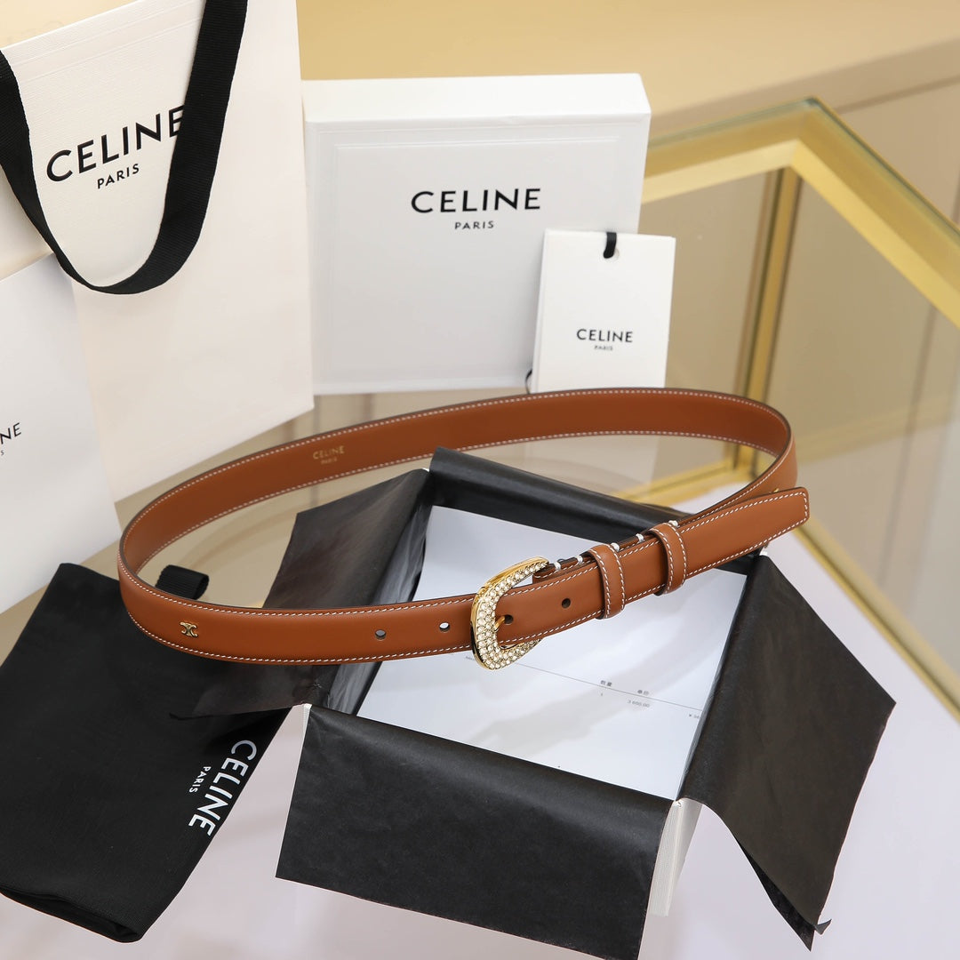 Cl Medium 25 Mm Marco Belt With Strass In Bronze Brown Calfskin Gold Hardware