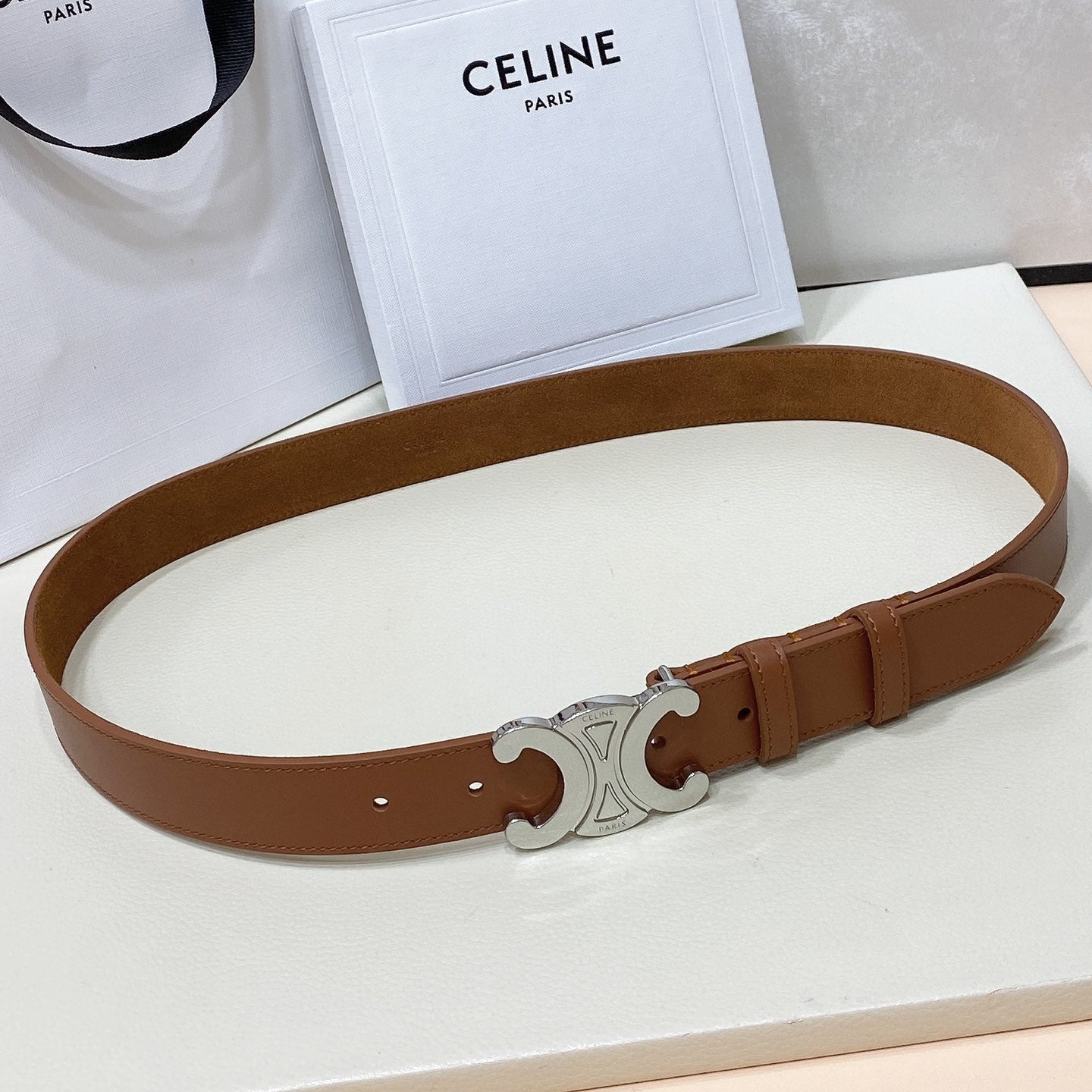 Cl Large 30 Mm Triomphe Belt In Bronze Brown Silver Hardware