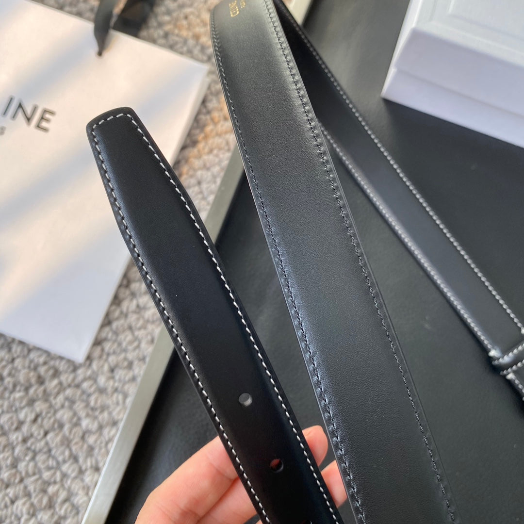 Belt 25Mm In Black Reversible Italian Calfskin With Vintage Gold Buckle White Stitching