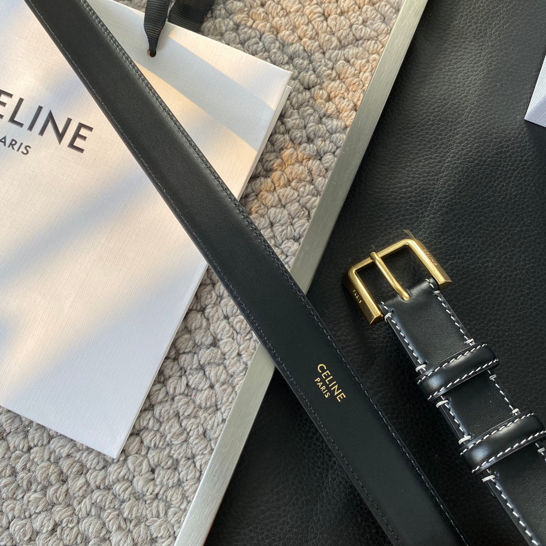 Belt 25Mm In Black Reversible Italian Calfskin With Vintage Gold Buckle White Stitching