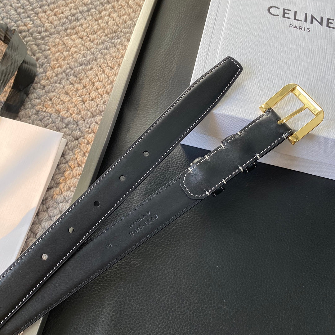 Belt 25Mm In Black Reversible Italian Calfskin With Vintage Gold Buckle White Stitching