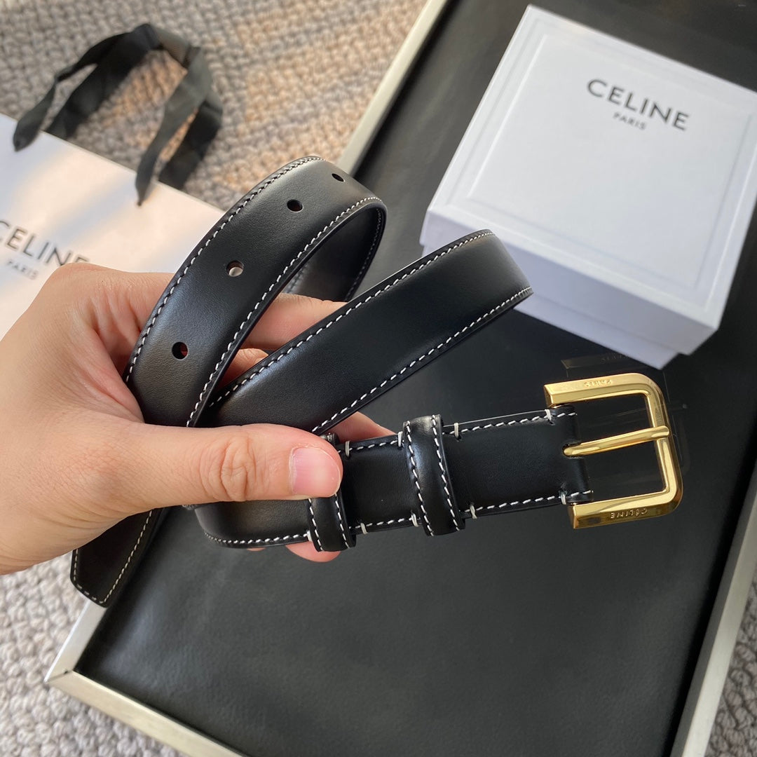 Belt 25Mm In Black Reversible Italian Calfskin With Vintage Gold Buckle White Stitching