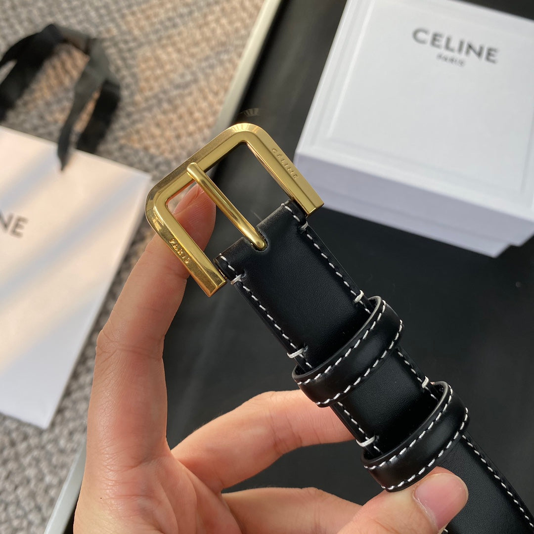 Belt 25Mm In Black Reversible Italian Calfskin With Vintage Gold Buckle White Stitching