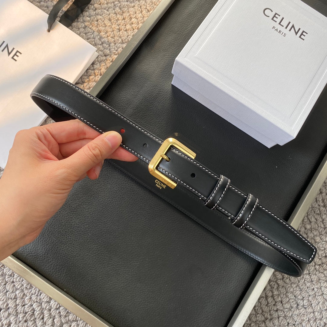 Belt 25Mm In Black Reversible Italian Calfskin With Vintage Gold Buckle White Stitching