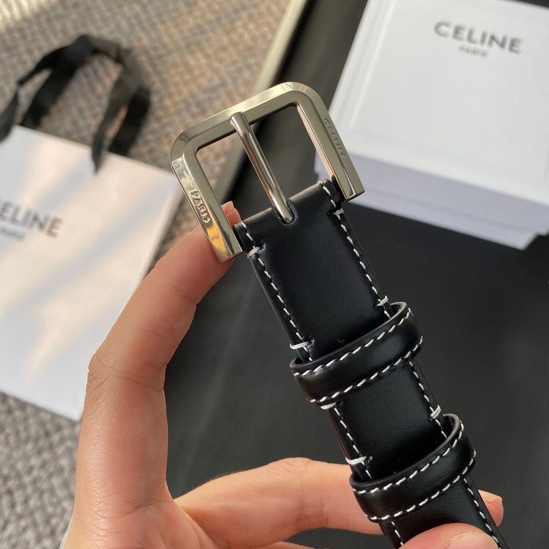 Belt 25Mm In Black Reversible Italian Calfskin With Vintage Silver Buckle White Stitching