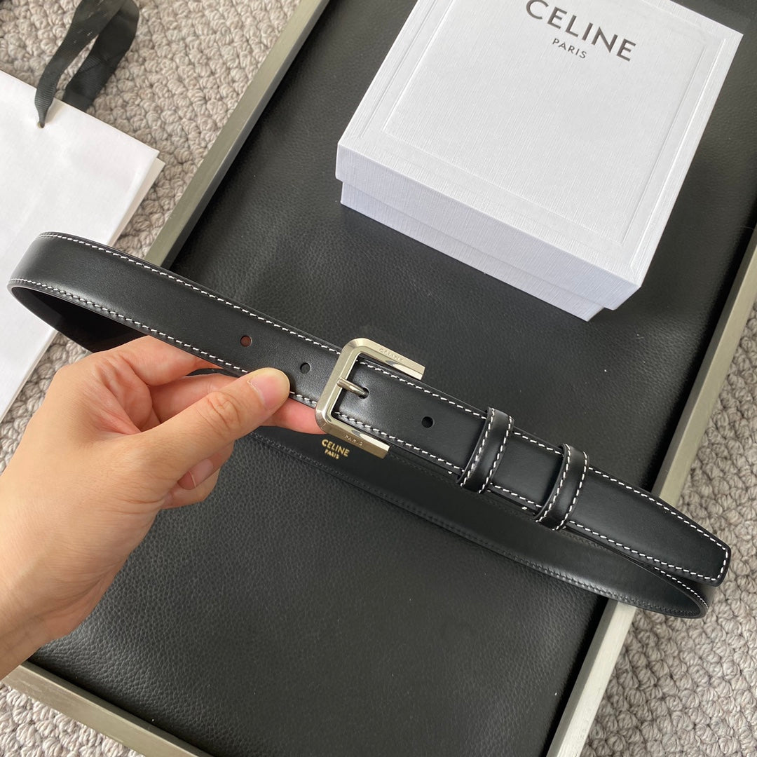 Belt 25Mm In Black Reversible Italian Calfskin With Vintage Silver Buckle White Stitching