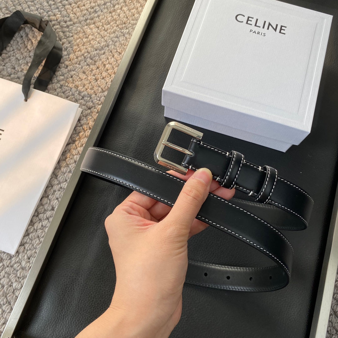 Belt 25Mm In Black Reversible Italian Calfskin With Vintage Silver Buckle White Stitching