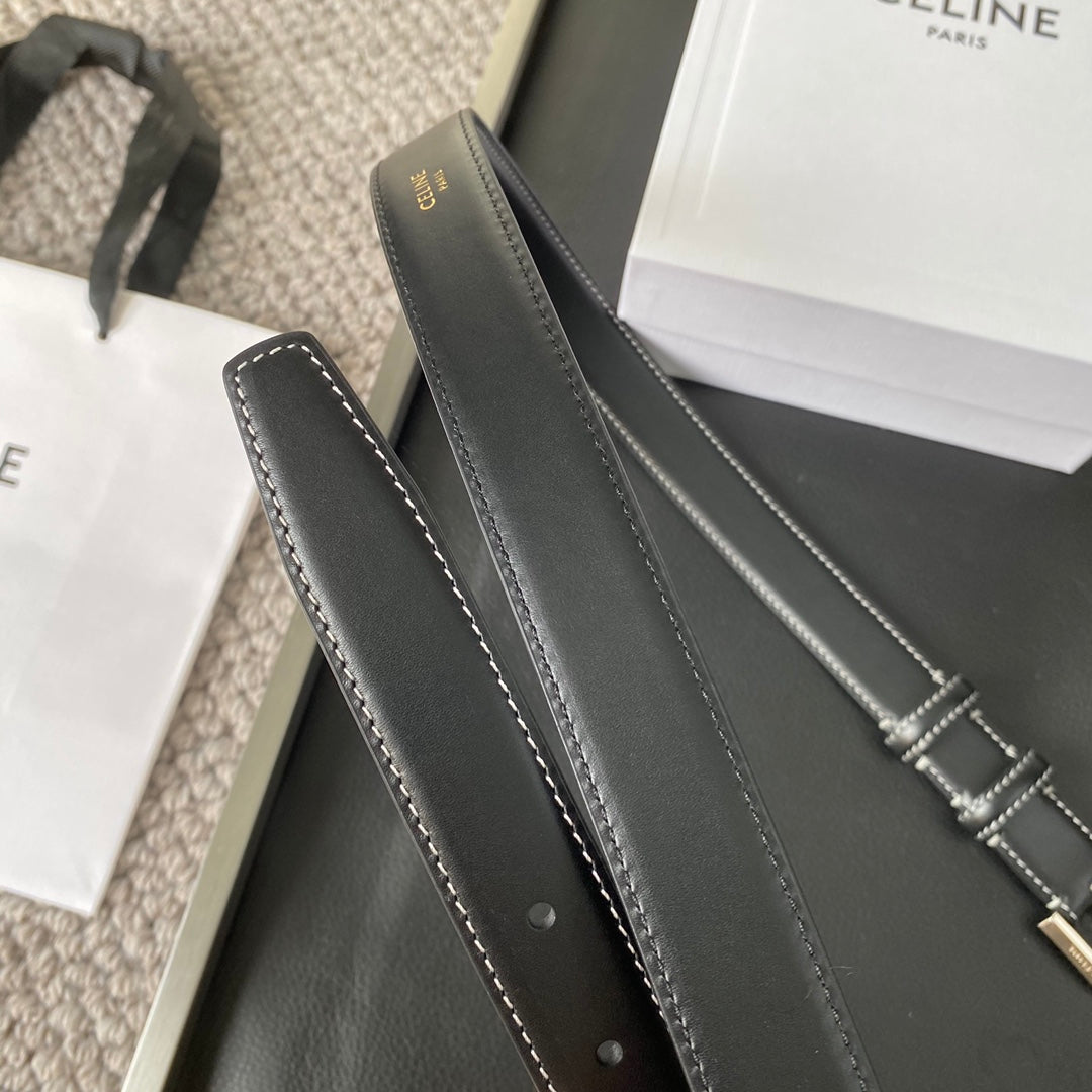 Belt 25Mm In Black Reversible Italian Calfskin With Vintage Silver Buckle White Stitching