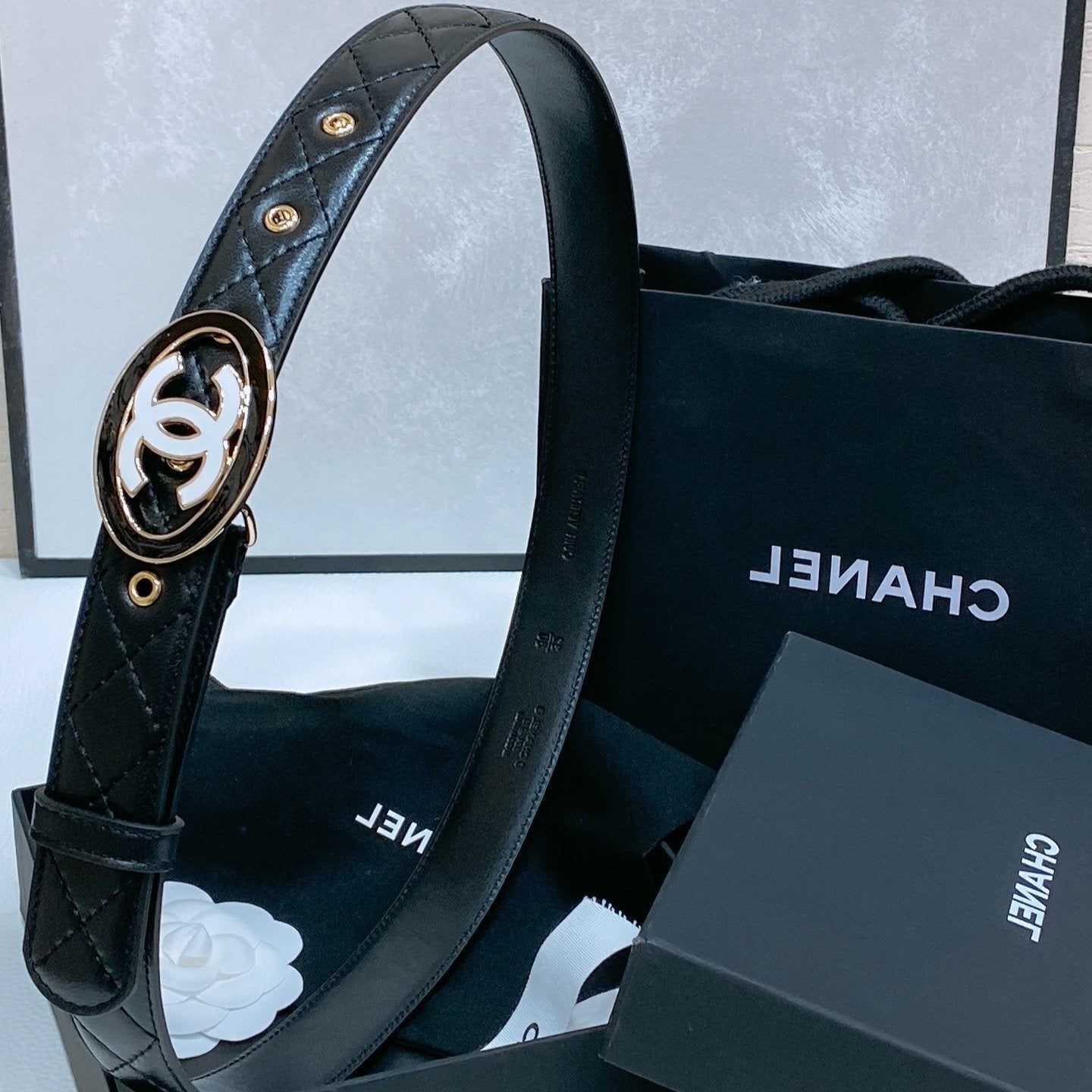 Cc 30Mm Belt In Black Embroidered Calfskin White Mix Black Metal Logo Gold Hardware