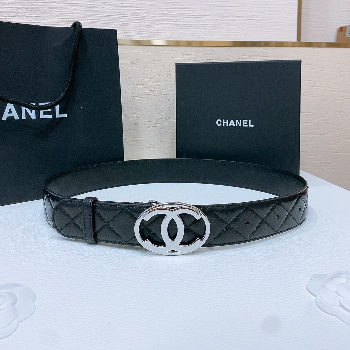 Double C Belt 38Mm In Black Quilted Lambskin With Silver Oval Buckle And Centered Logo