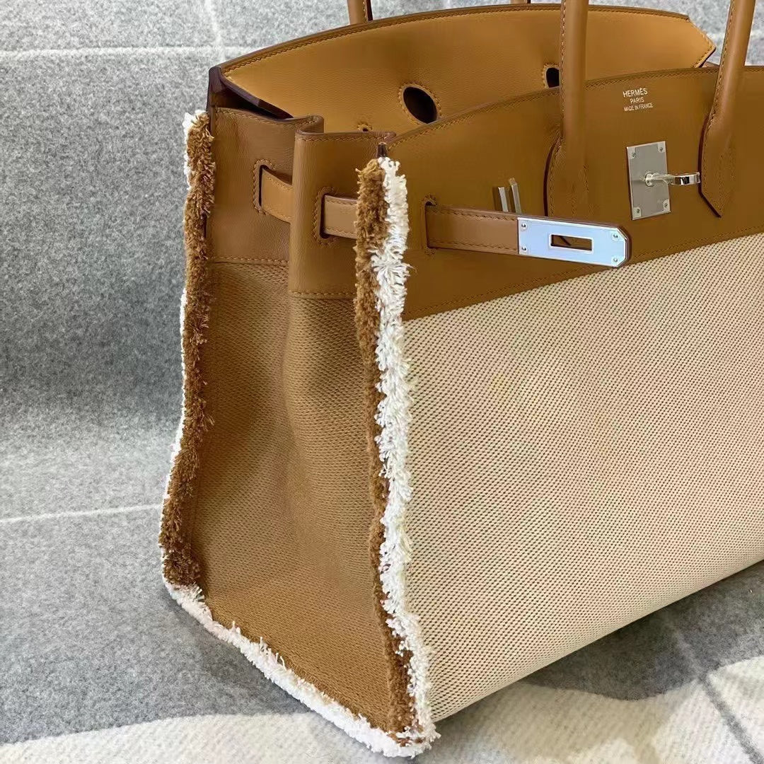 HM BIRKIN 35CM FRAY CANVAS SILVER HARDWARE