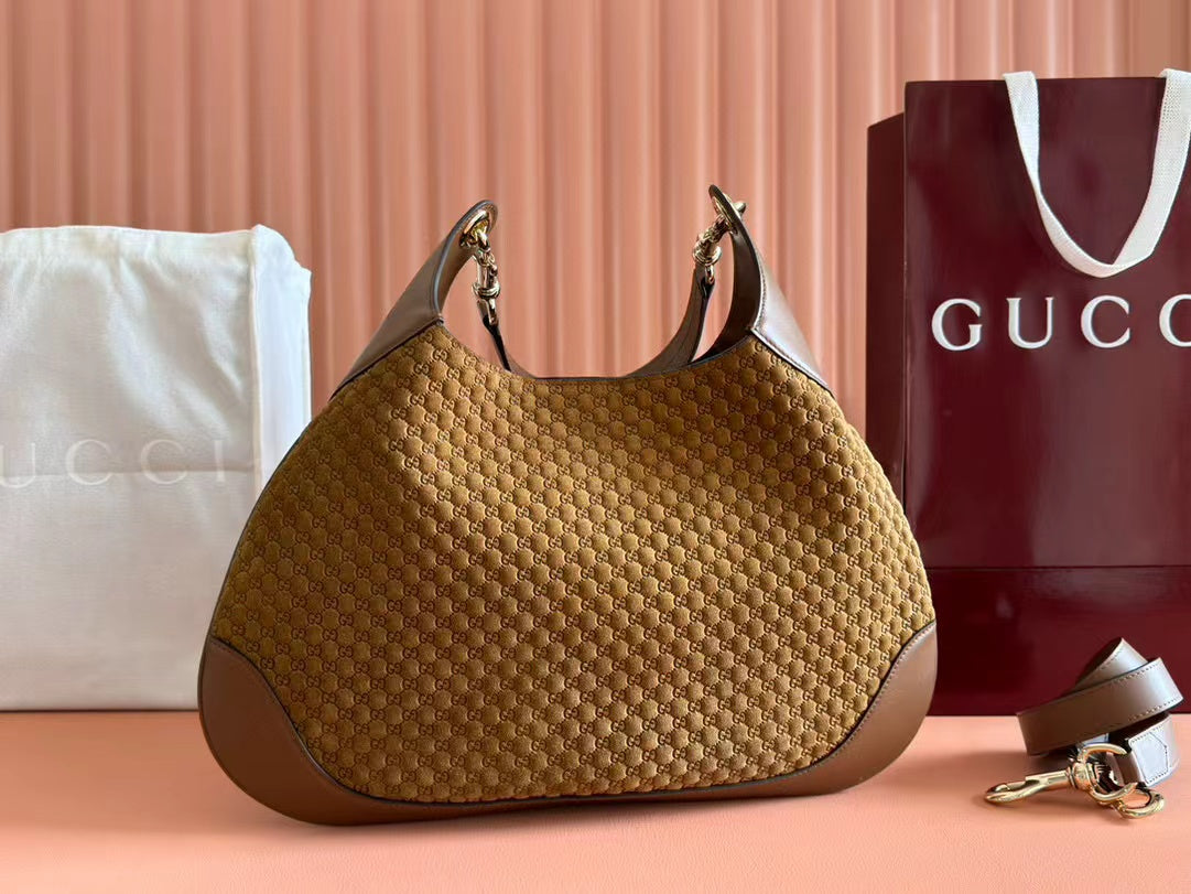 Gucci B Medium Shoulder Bag Brown Suede Leather