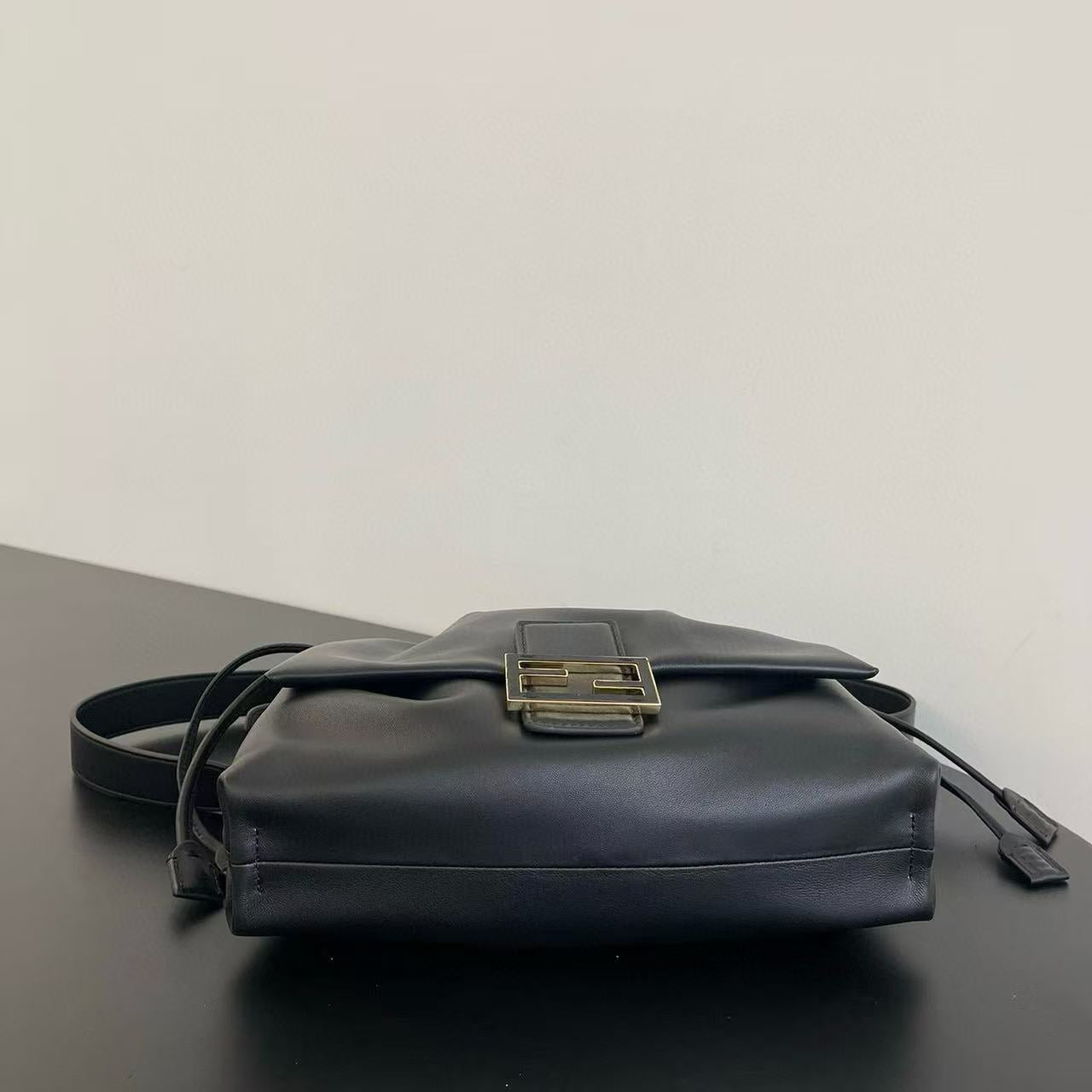 Fendi Mamma Baguette Drawstring Shoulder Bag Black Nappa Leather