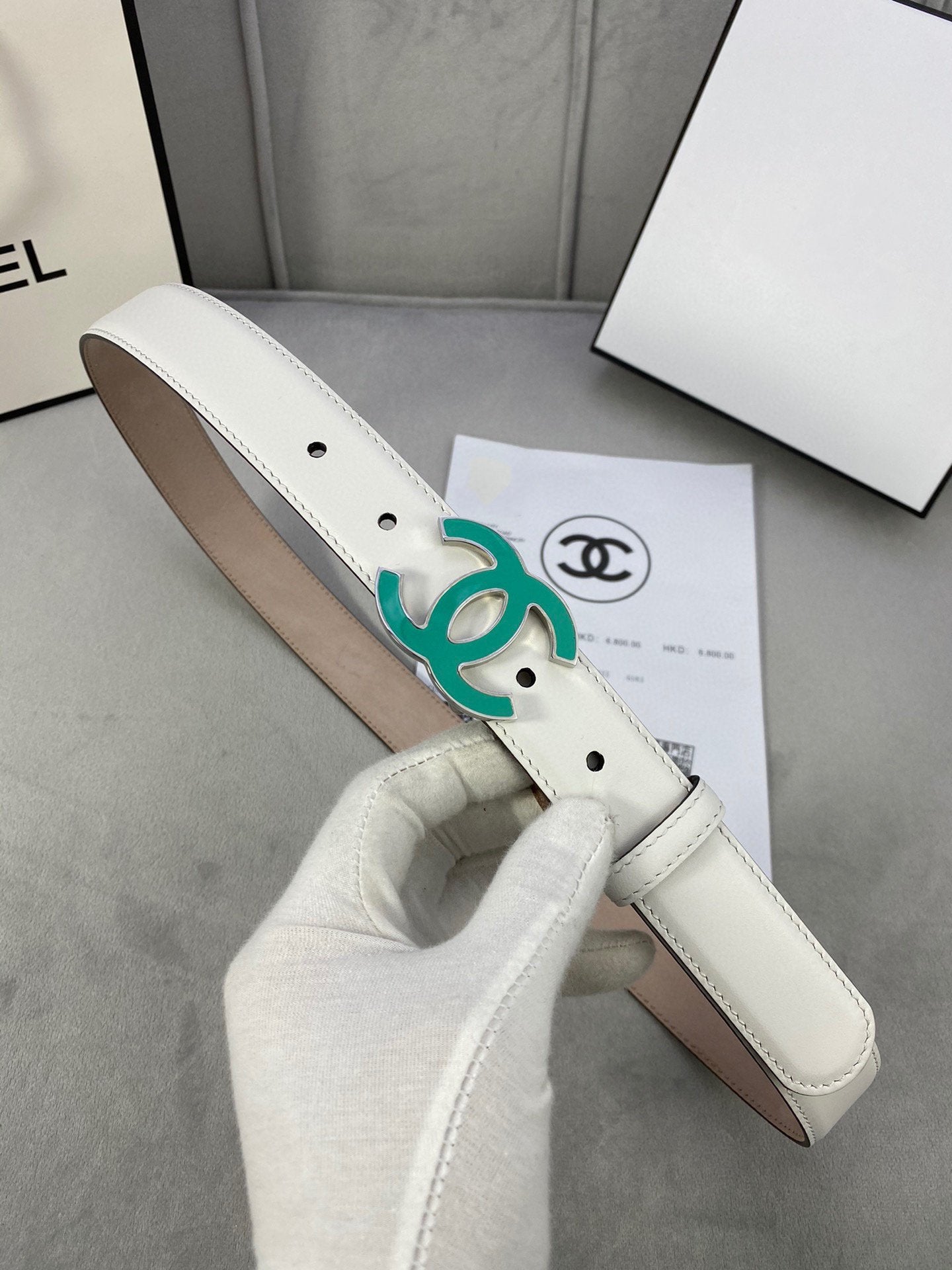 Cc Belt 3.0Cm Buckle Blue Leather White