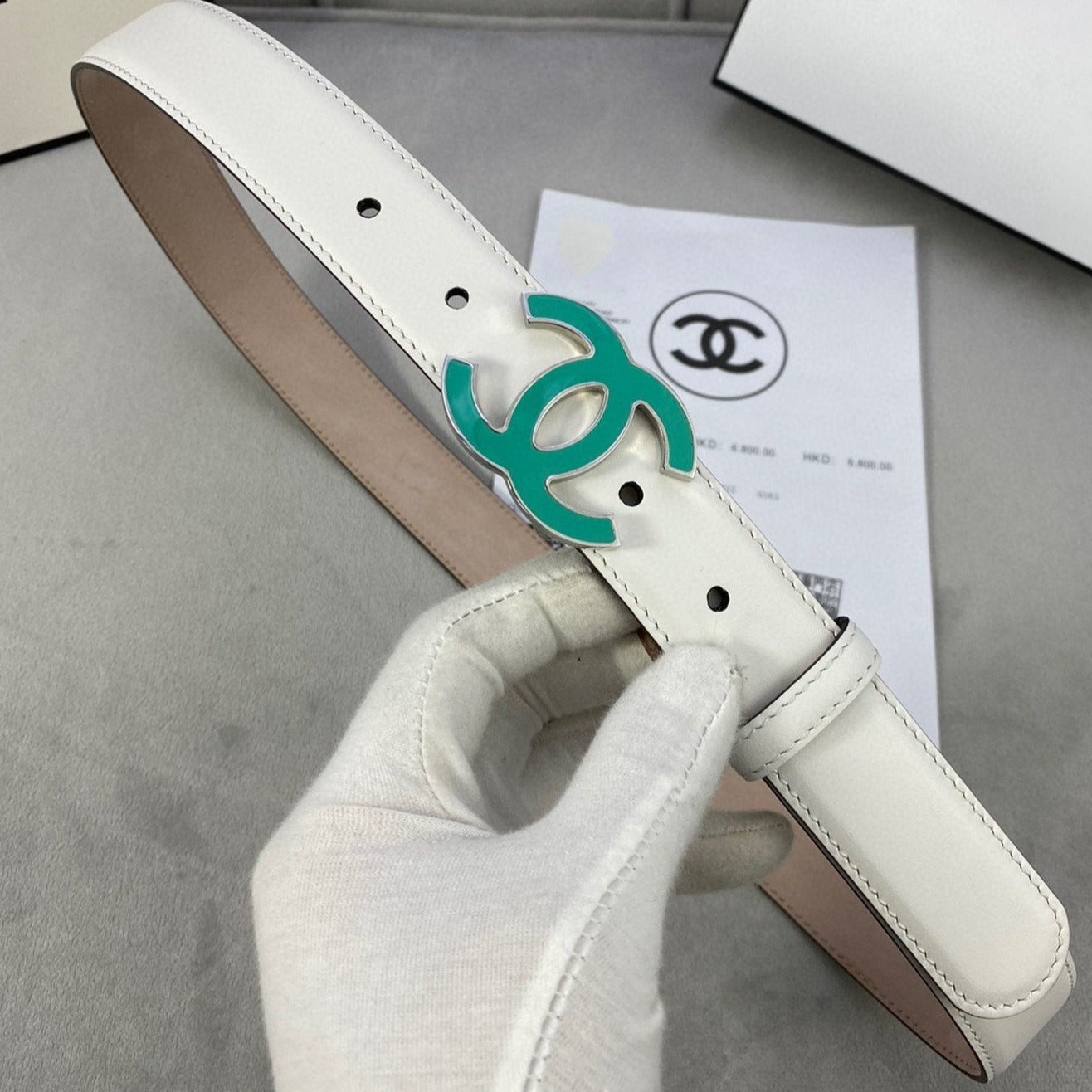 Cc Belt 3.0Cm Buckle Blue Leather White