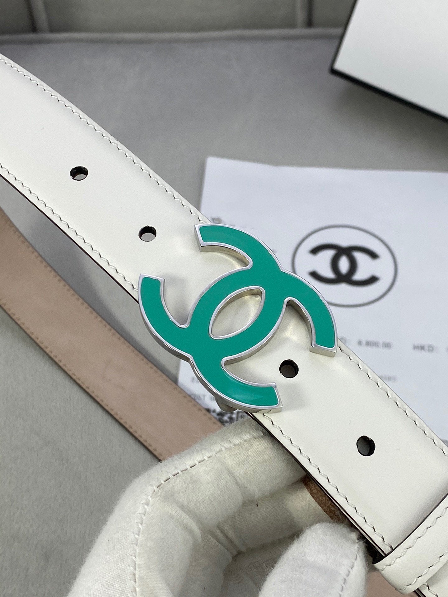 Cc Belt 3.0Cm Buckle Blue Leather White