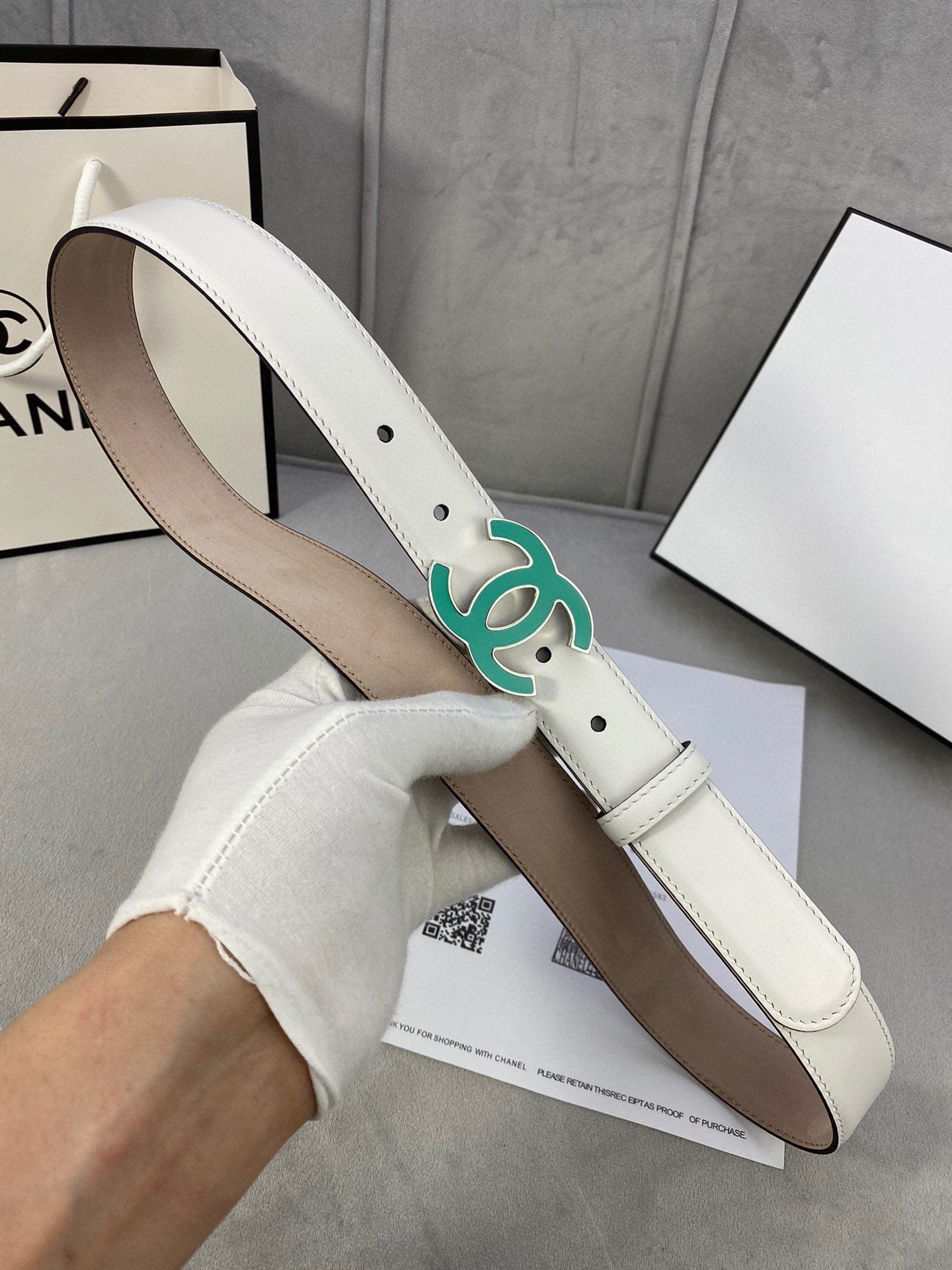 Cc Belt 3.0Cm Buckle Blue Leather White