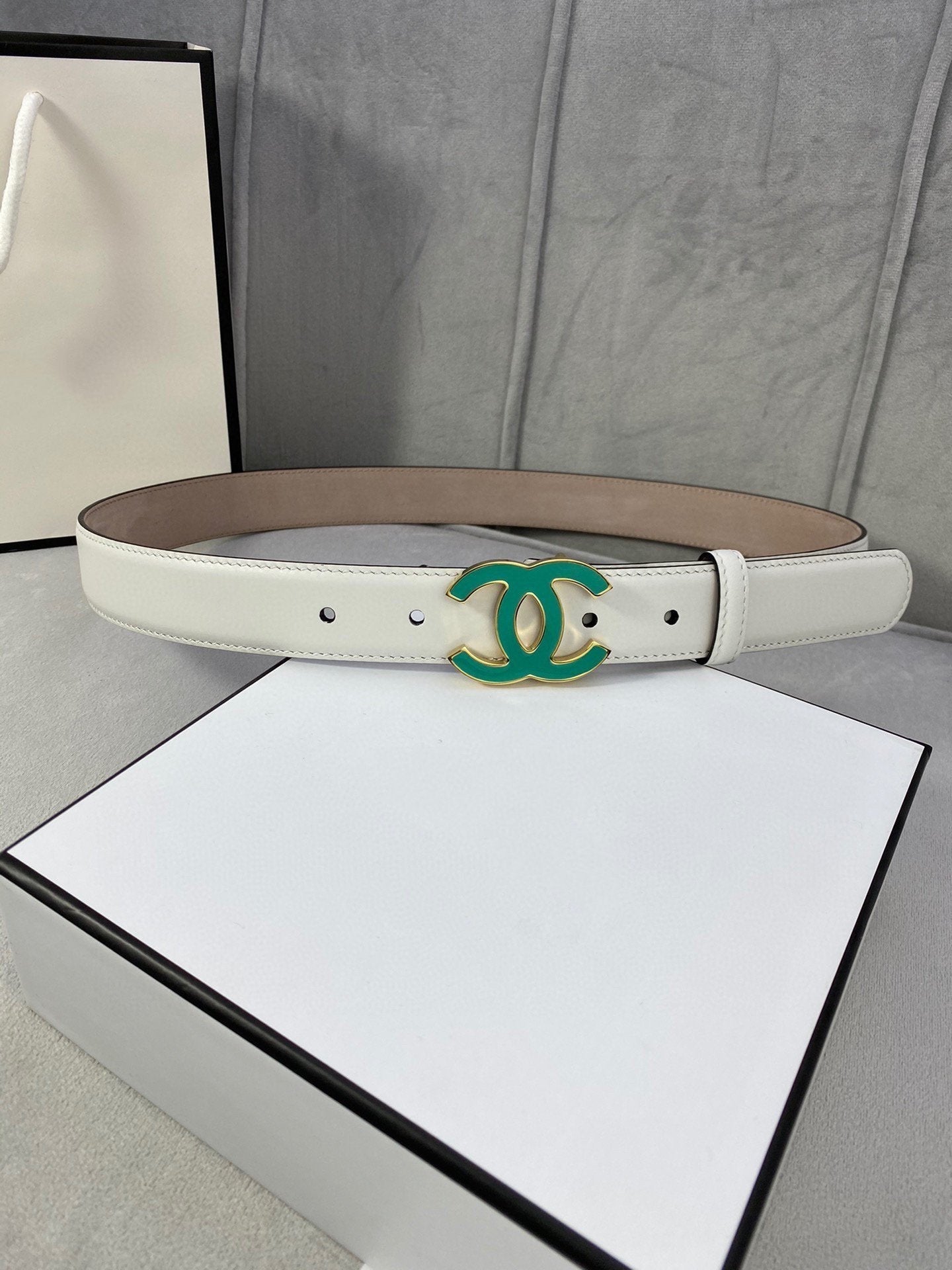 Cc Belt 3.0Cm Buckle Blue Leather White