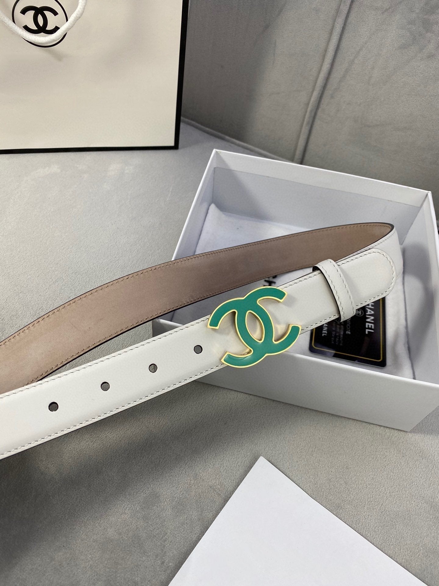 Cc Belt 3.0Cm Buckle Blue Leather White