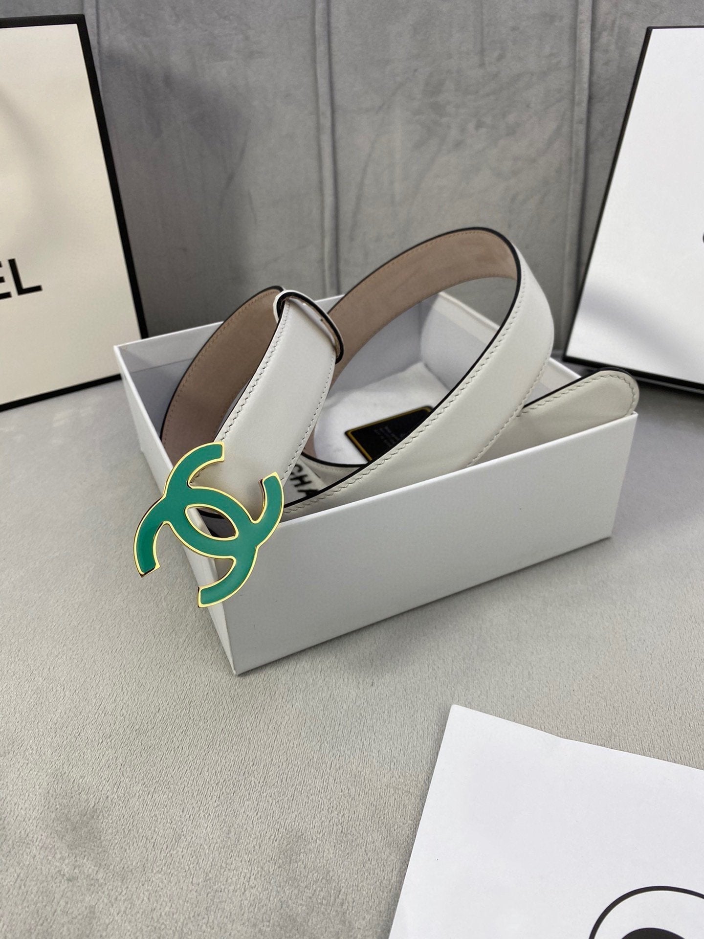 Cc Belt 3.0Cm Buckle Blue Leather White