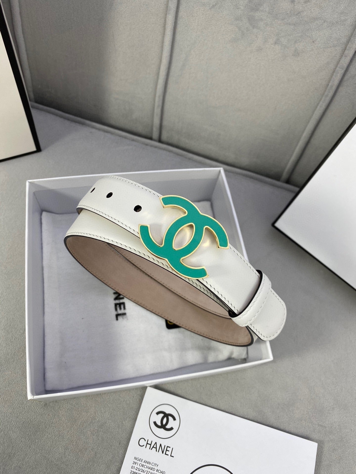 Cc Belt 3.0Cm Buckle Blue Leather White