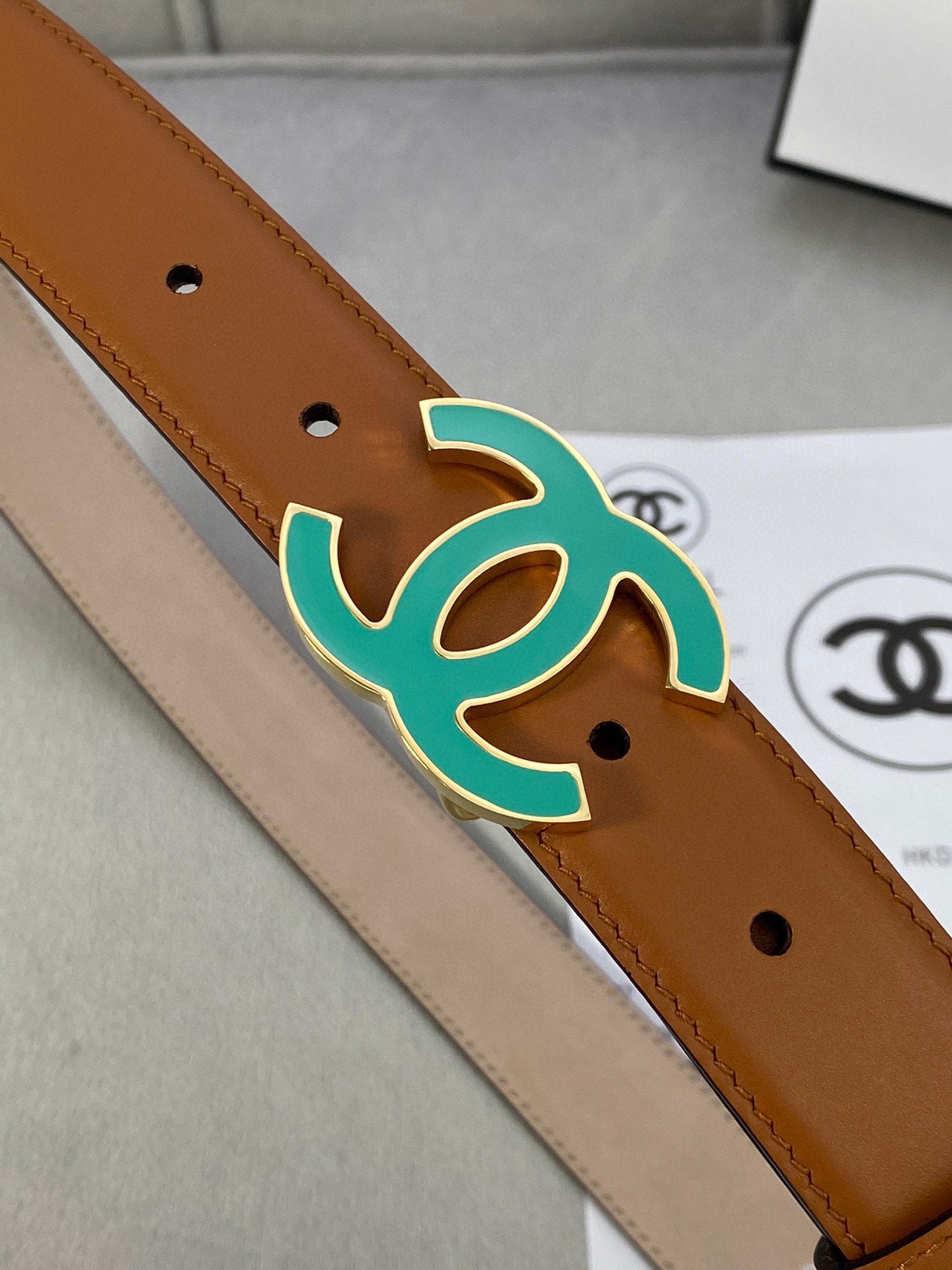 Cc Belt 3.0Cm Buckle Blue Leather Brown