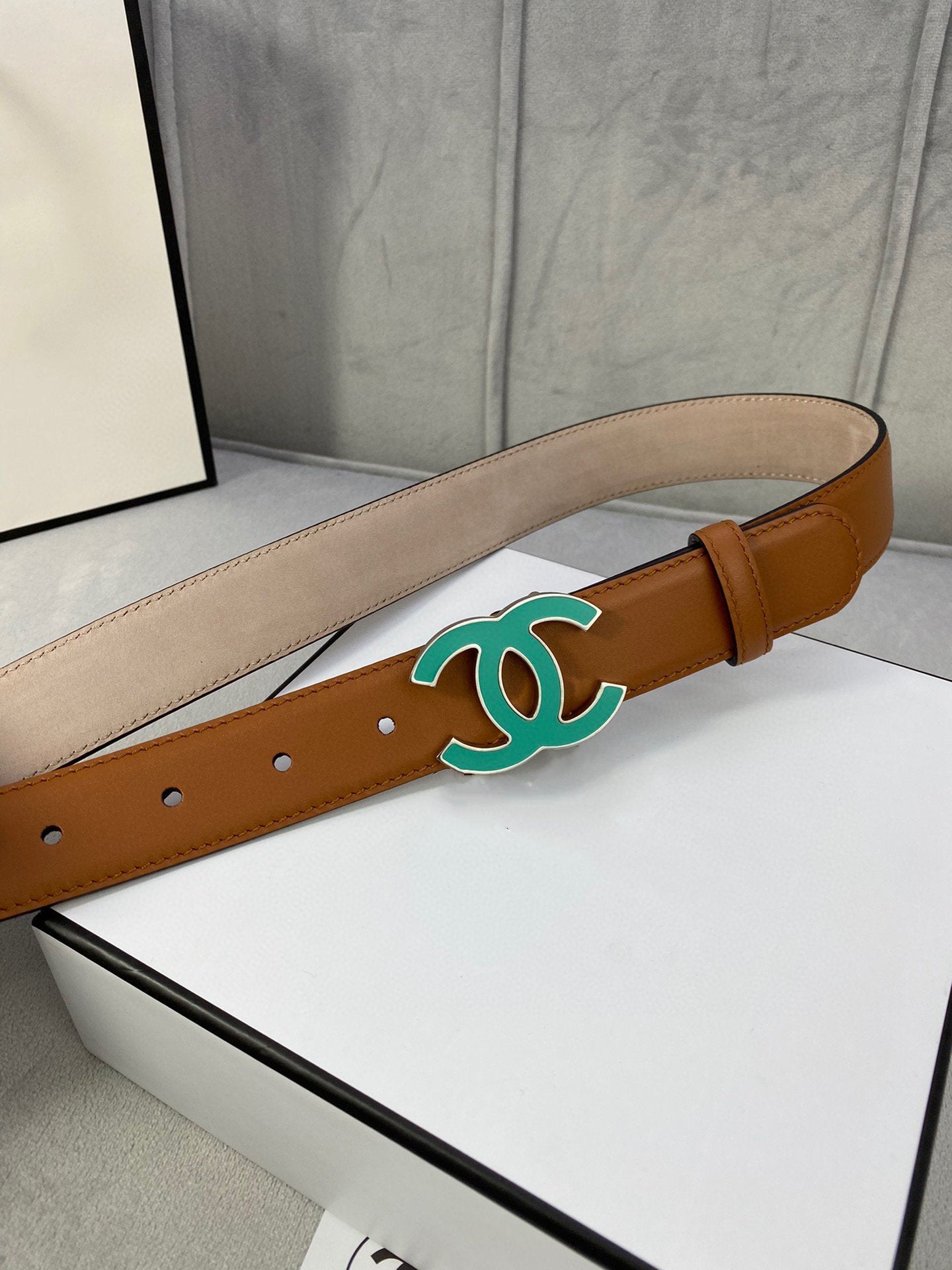 Cc Belt 3.0Cm Buckle Blue Leather Brown