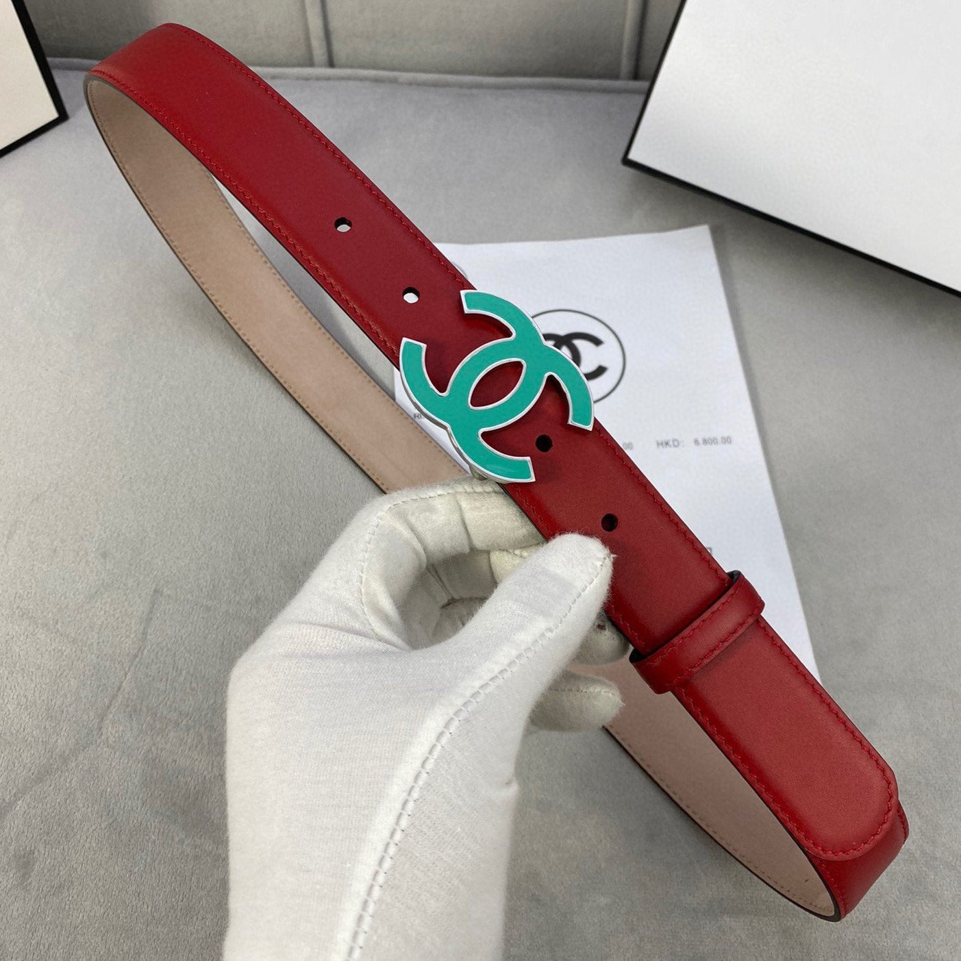 Cc Belt 3.0Cm Buckle Blue Leather Red