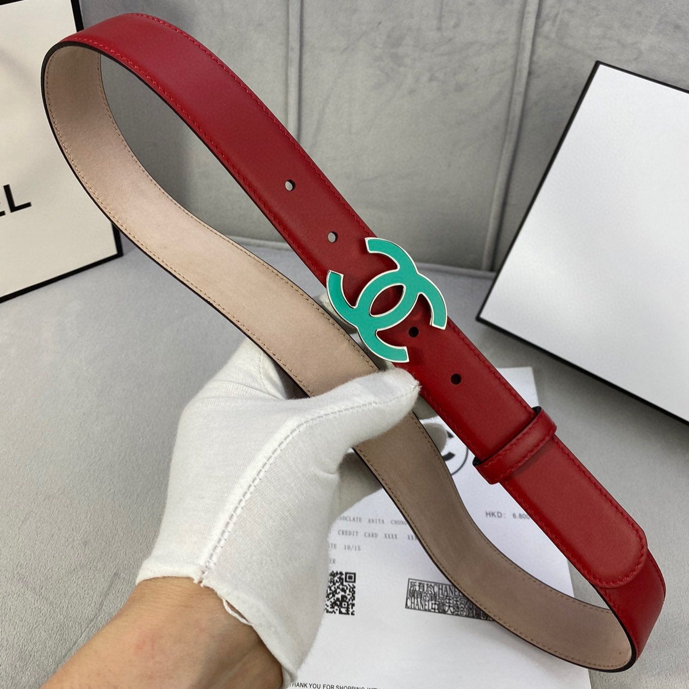 Cc Belt 3.0Cm Buckle Blue Leather Red