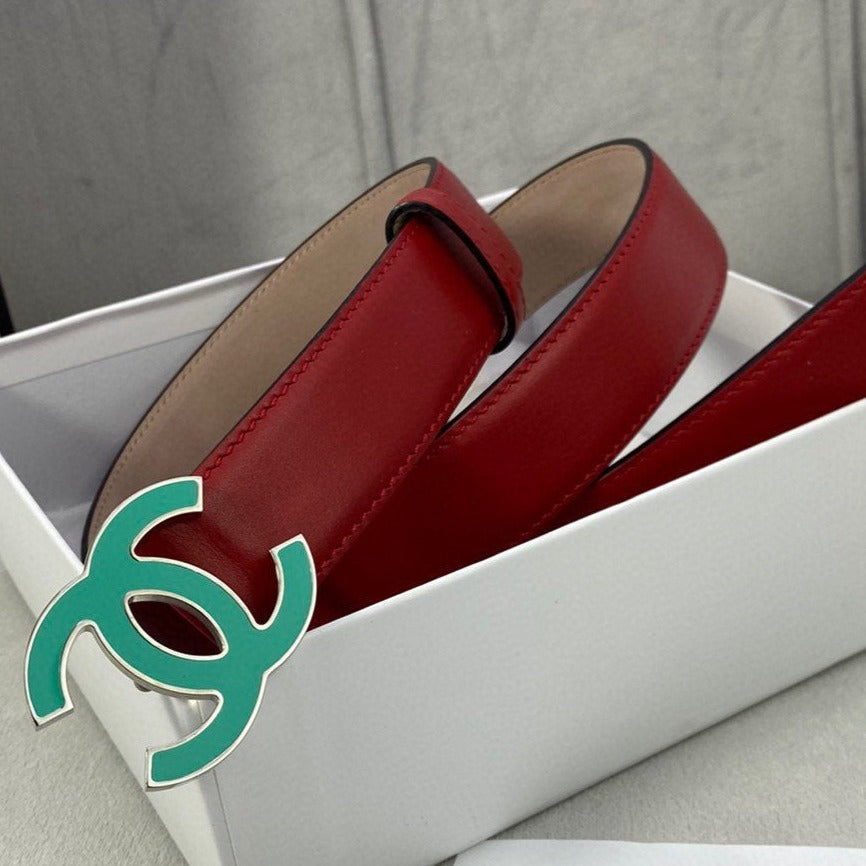 Cc Belt 3.0Cm Buckle Blue Leather Red