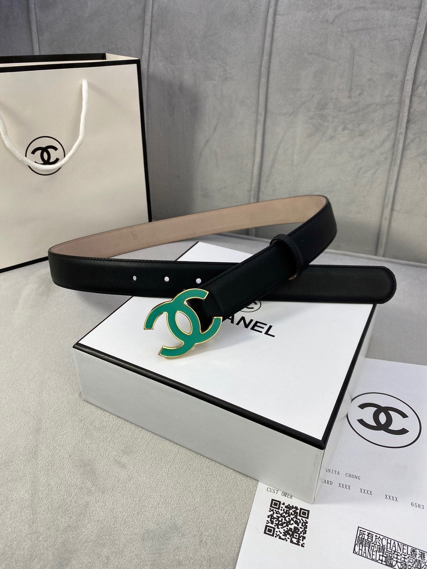 Cc Belt 3.0Cm Buckle Blue Leather Black