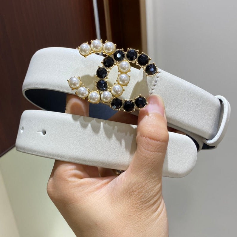 Cc Belt 3.0Cm Leather White Buckle Gold Pearl Diamond